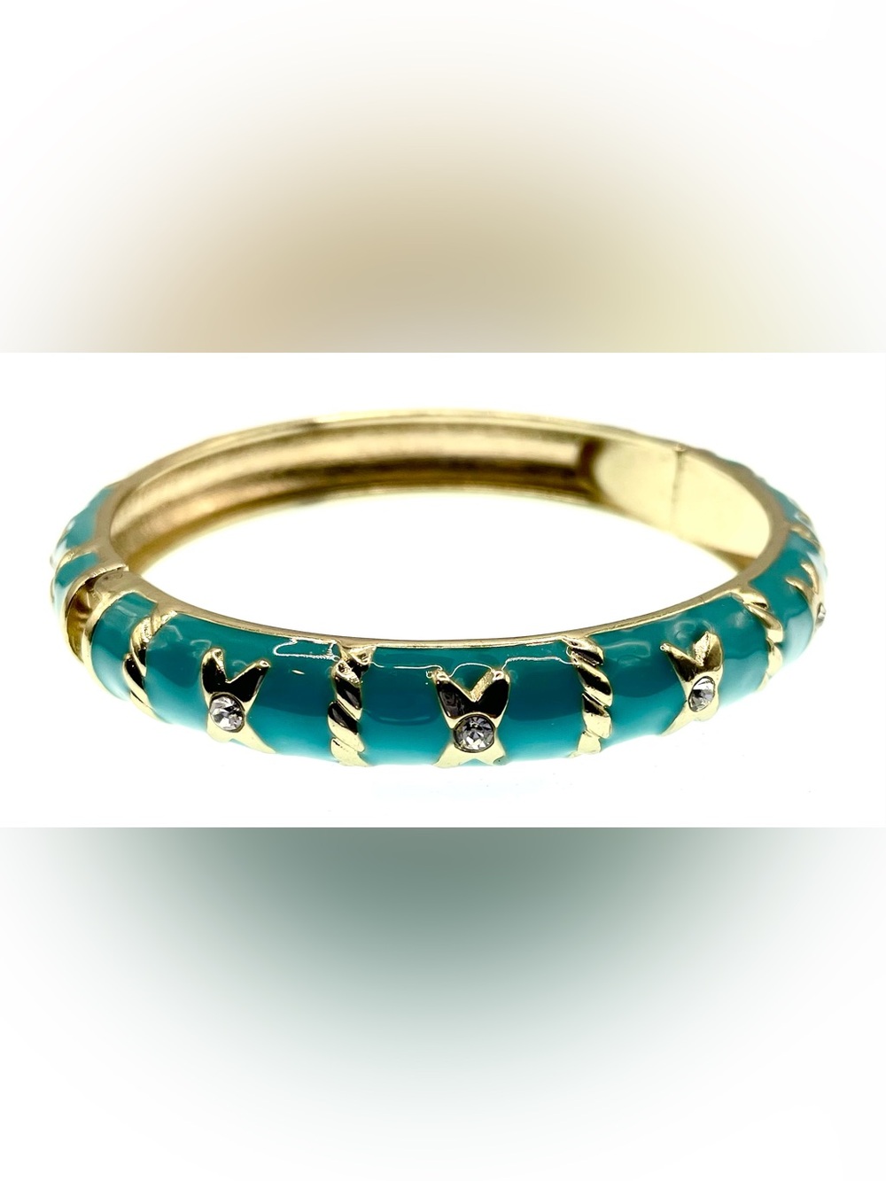 Vintage Turquoise Blue Enamel Hinged Bangle Bracelet Gold Tone Accent Crystals